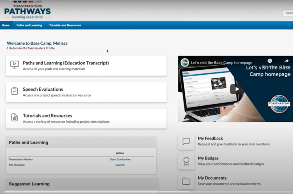 Toastmasters base camp webpage